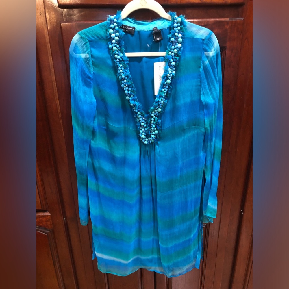 2/$30 NWT Dana Buchman Sheer Beaded Chiffon Tunic Top Sz 14 Blue Teal - Picture 3 of 16